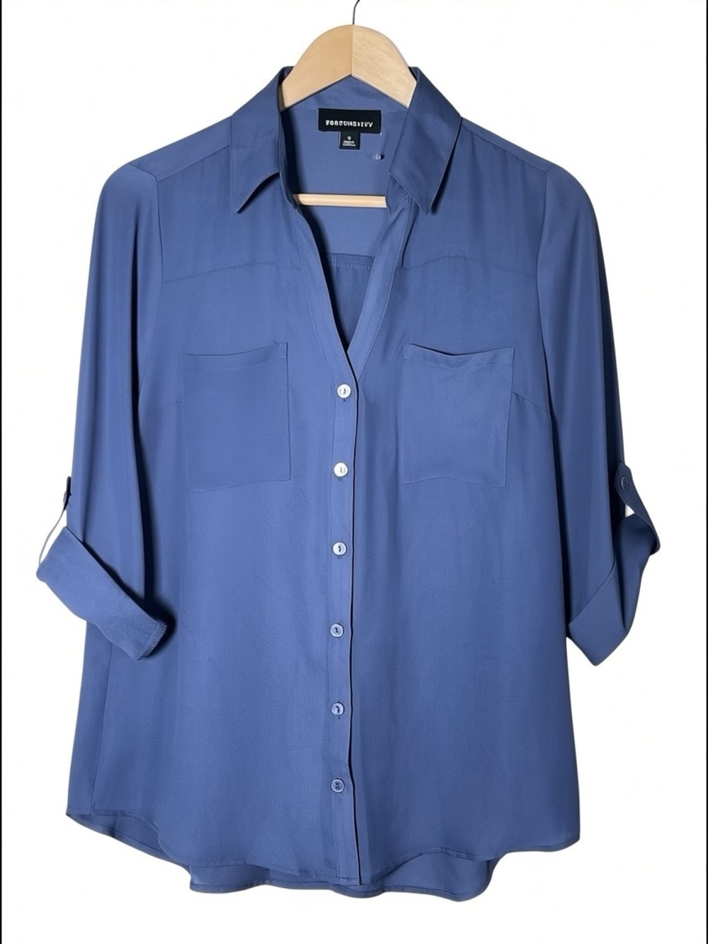 Fortune + Ivy  Blue Button-Front Roll-Sleeve Blouse Top Shirt size medium M B123